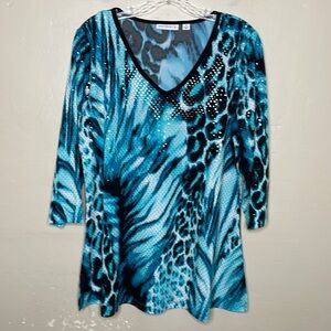 SUSAN GRAVER Tunic Top Animal Print Blue & Black V-Neck Liquid Knit Sequins Med